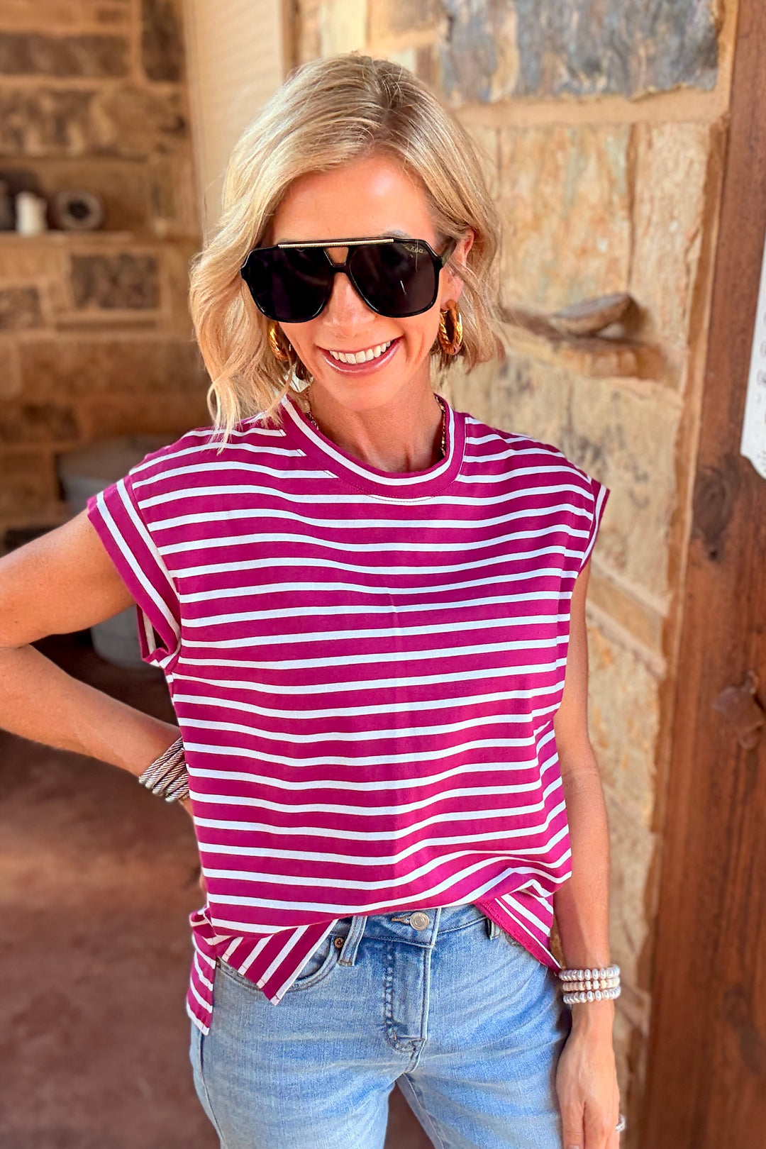 striped tee magenta