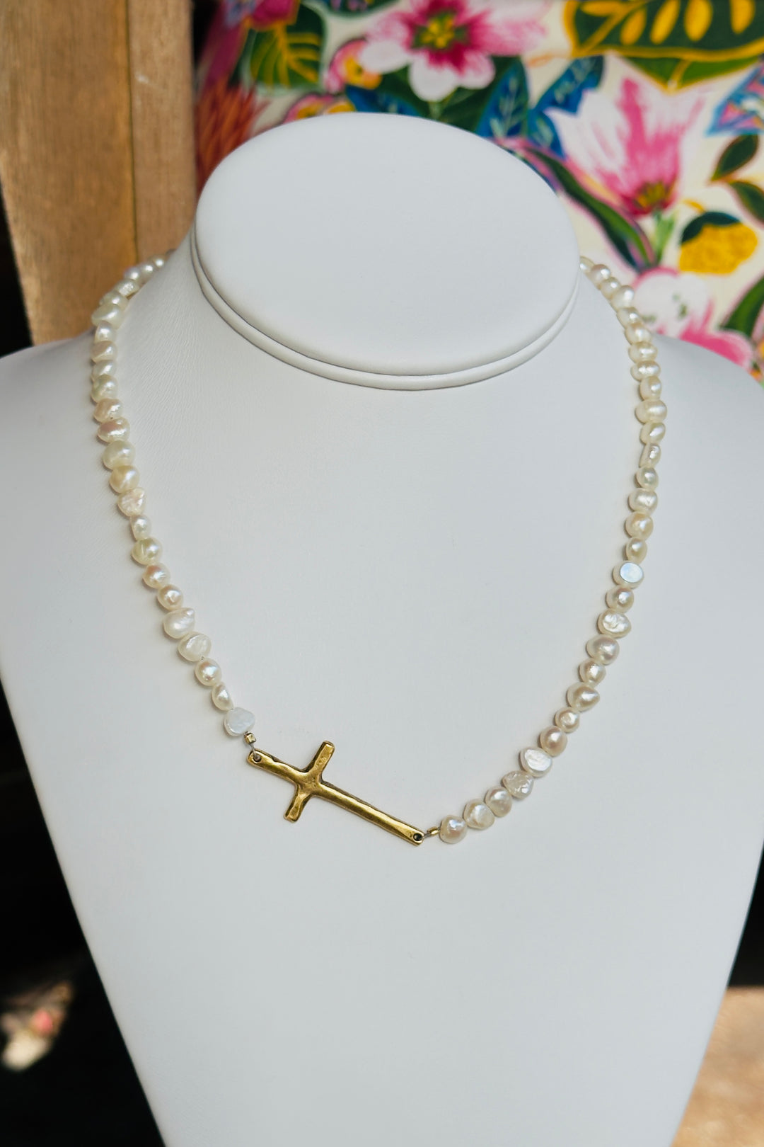 Bar E Pearl Cross Necklace