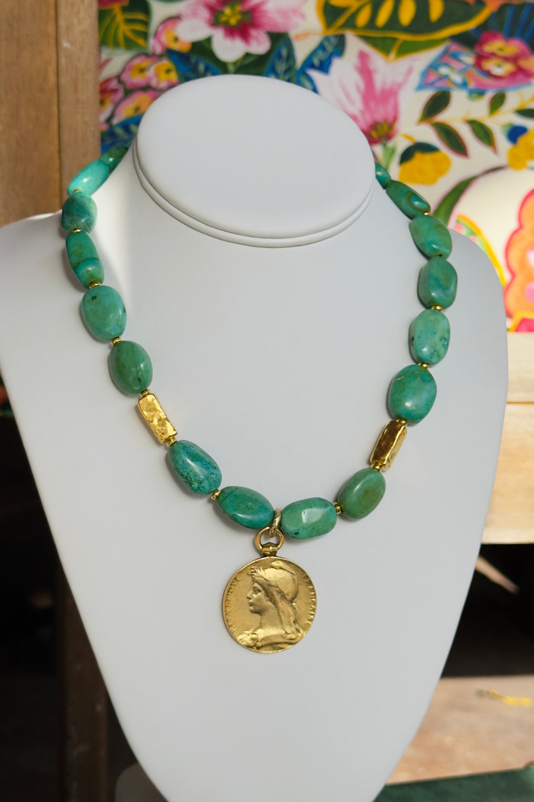 Bar E Turquoise Coin Necklace