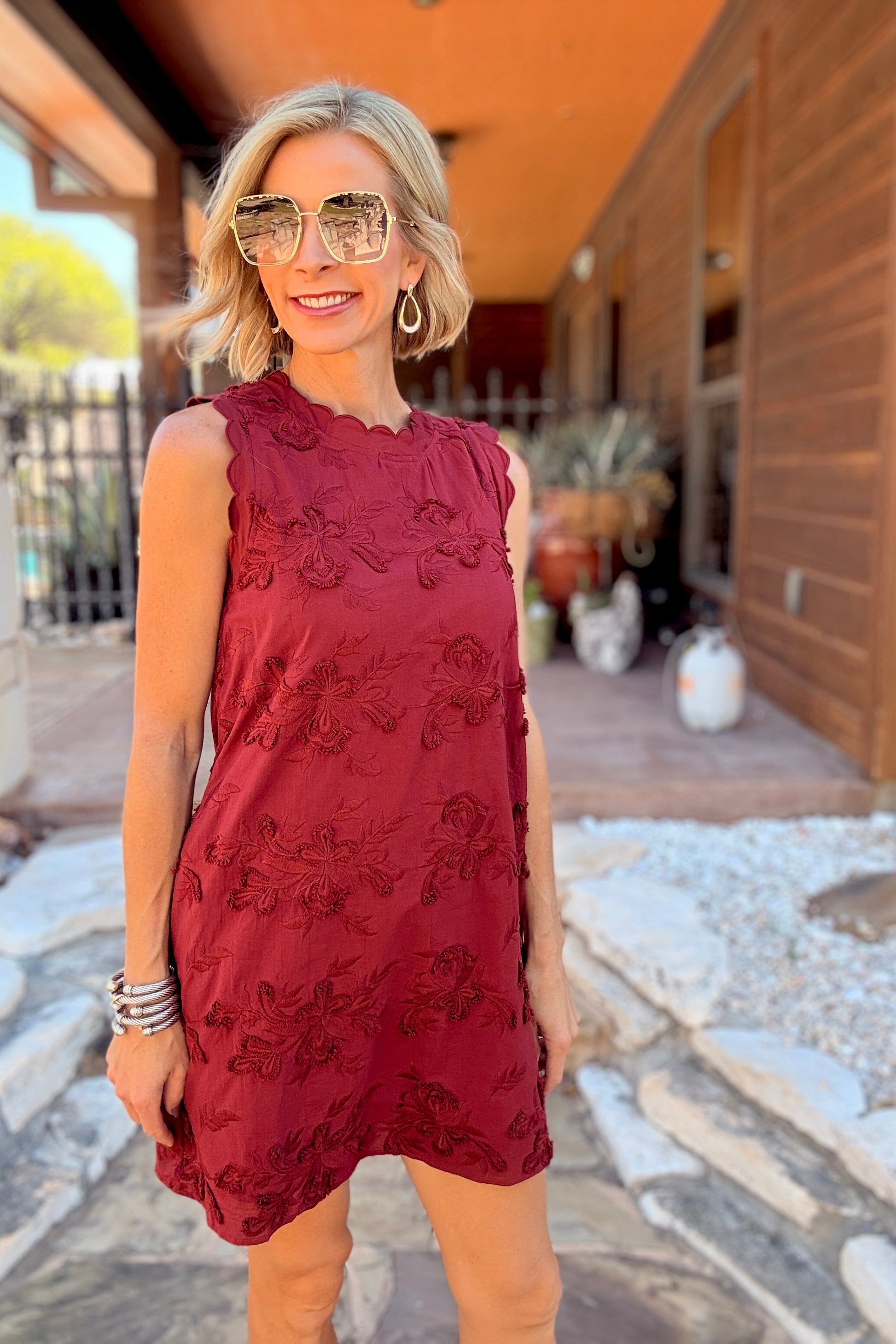 burgundy embroidered dress shift style