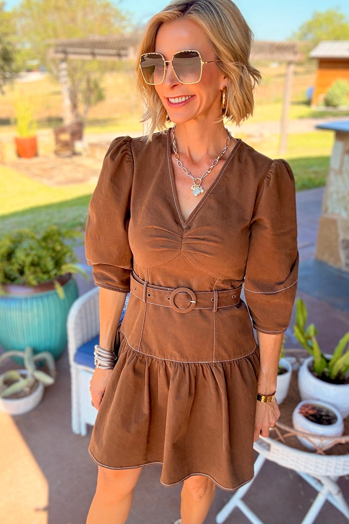 Mocha Charm Belted Puff Sleeve Dress