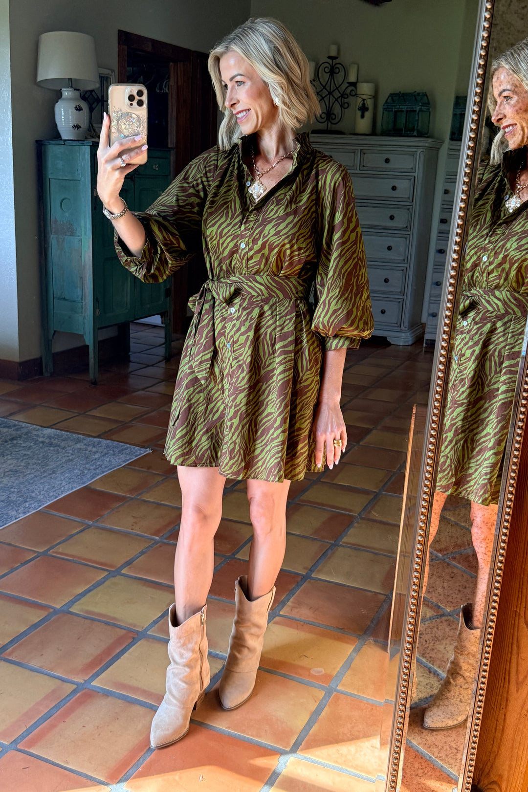 Olive Zebra Print Belted Button-Down Mini Dress