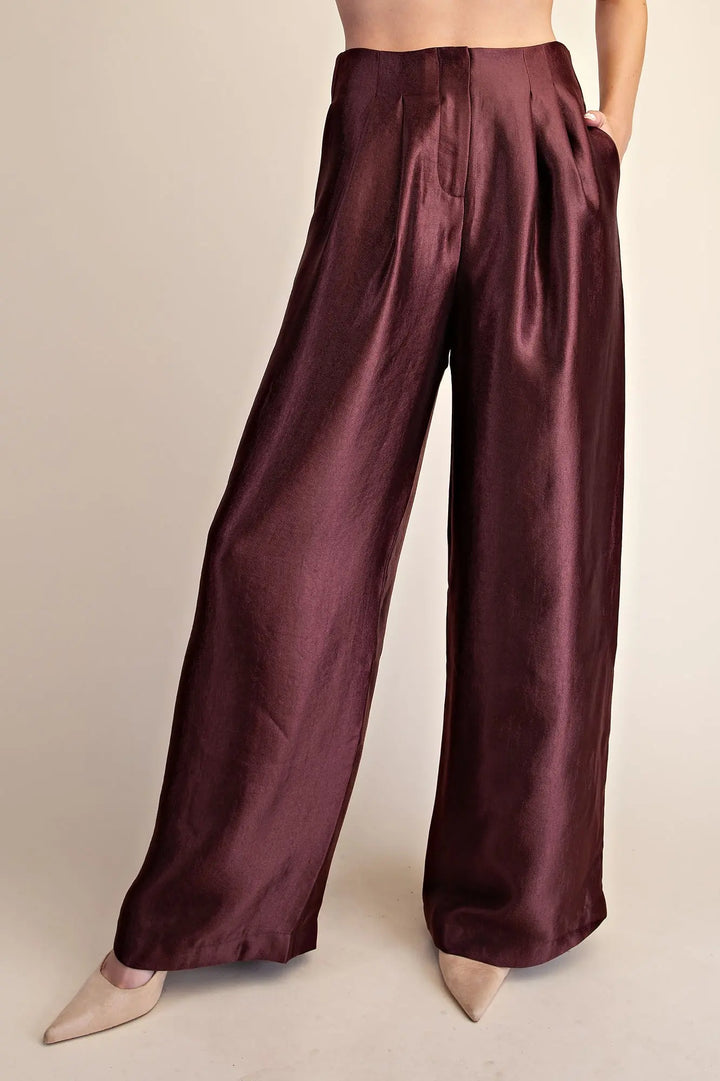 The Luxe Metallic Wide Leg Pants – Burgundy