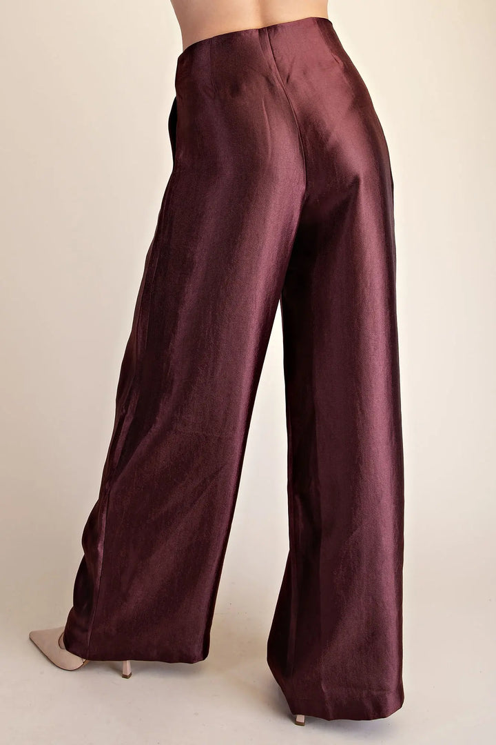 The Luxe Metallic Wide Leg Pants – Burgundy