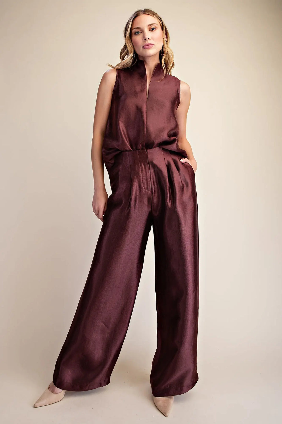 The Luxe Metallic Wide Leg Pants – Burgundy