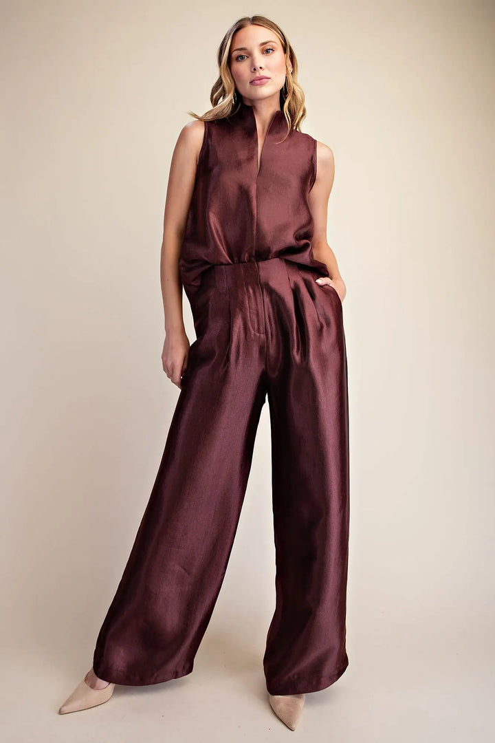 The Luxe Metallic Wide Leg Pants – Burgundy