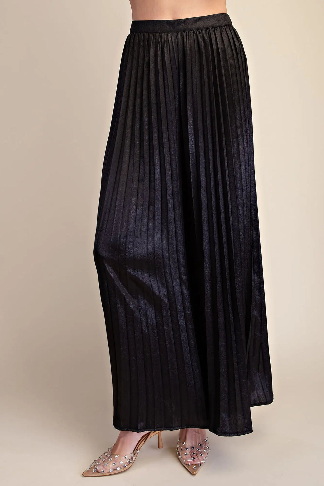 The Midnight Glow Metallic Pleated Wide Leg Pants – Black