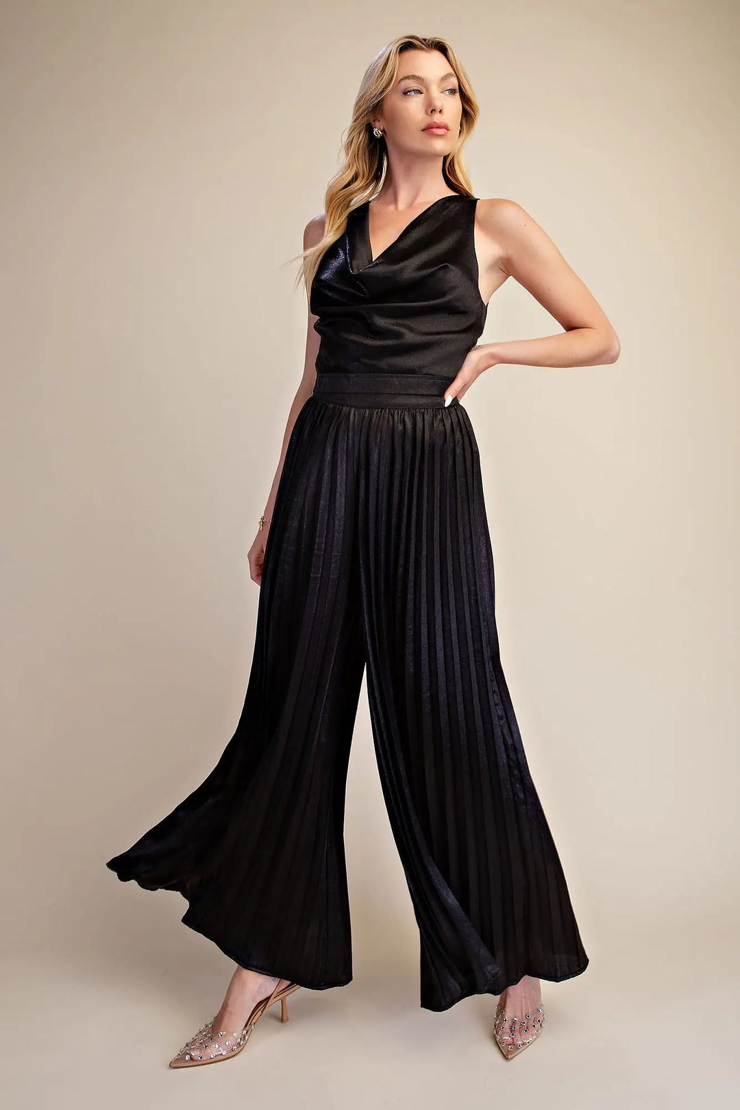 The Midnight Glow Metallic Pleated Wide Leg Pants – Black