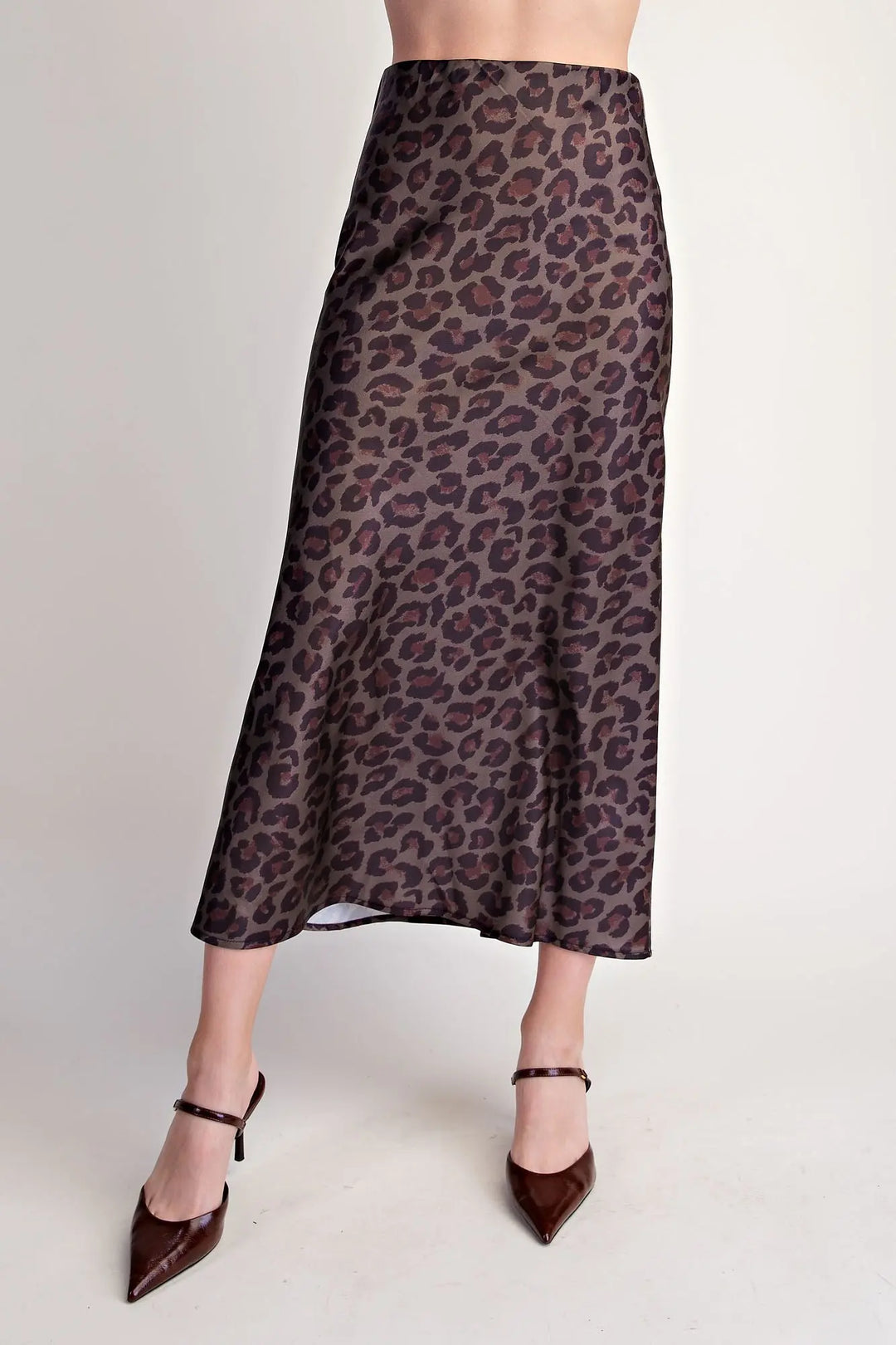 The After Hours Leopard Satin Midi Skirt – Olive