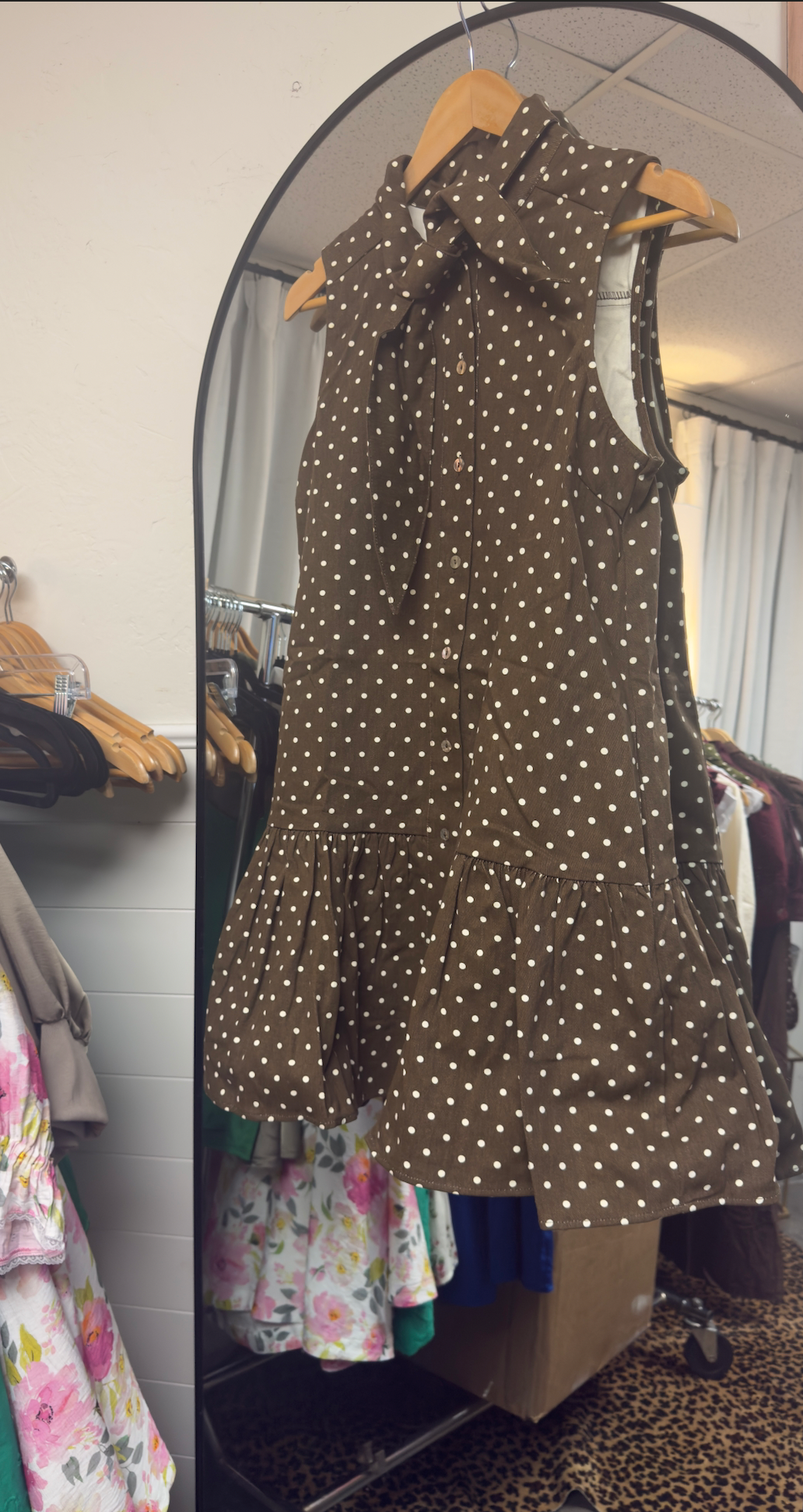 The Margaux Polka Dot Tie-Neck Mini Dress – Brown