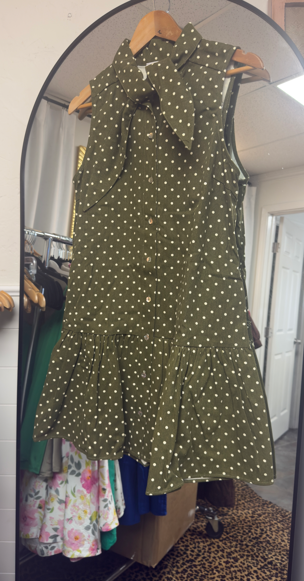 The Margaux Polka Dot Tie-Neck Mini Dress – Olive