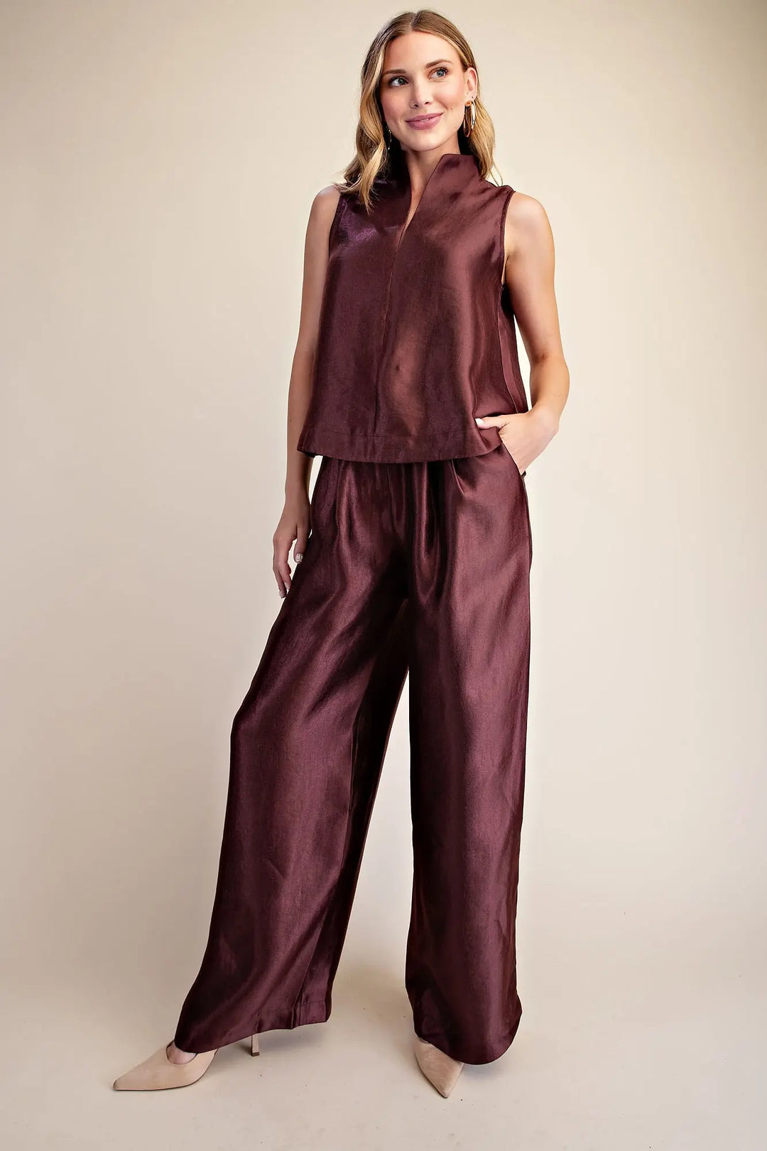 The Luxe Metallic Stand Collar Top – Burgundy