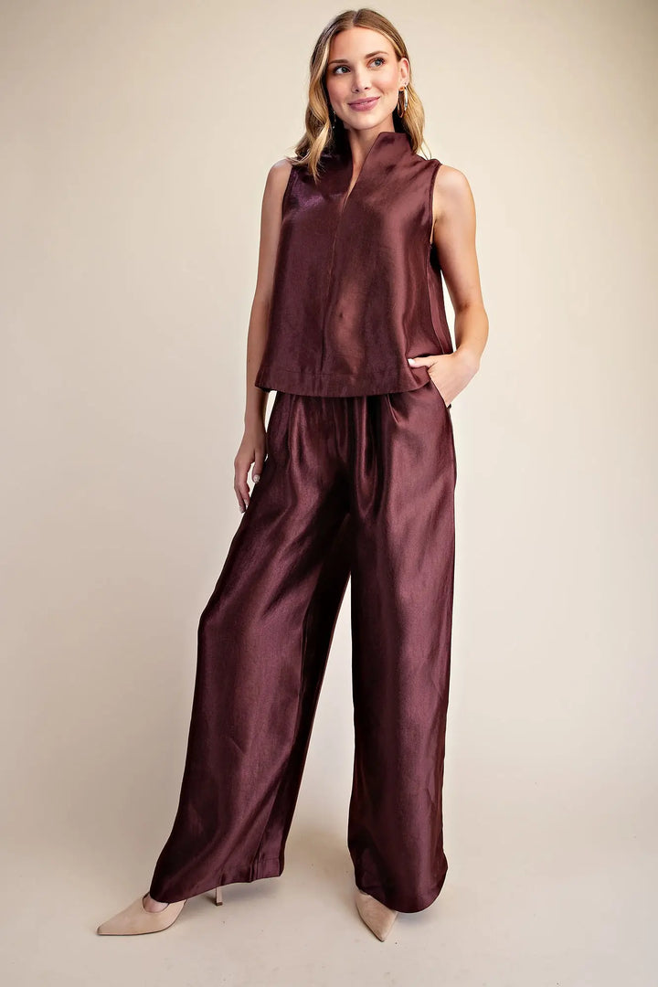 The Luxe Metallic Stand Collar Top – Burgundy