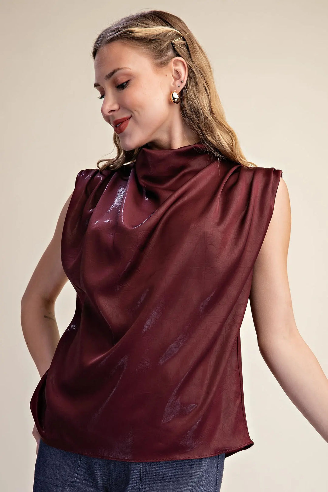 The Bordeaux Sheen Cowl Neck Blouse – Burgundy