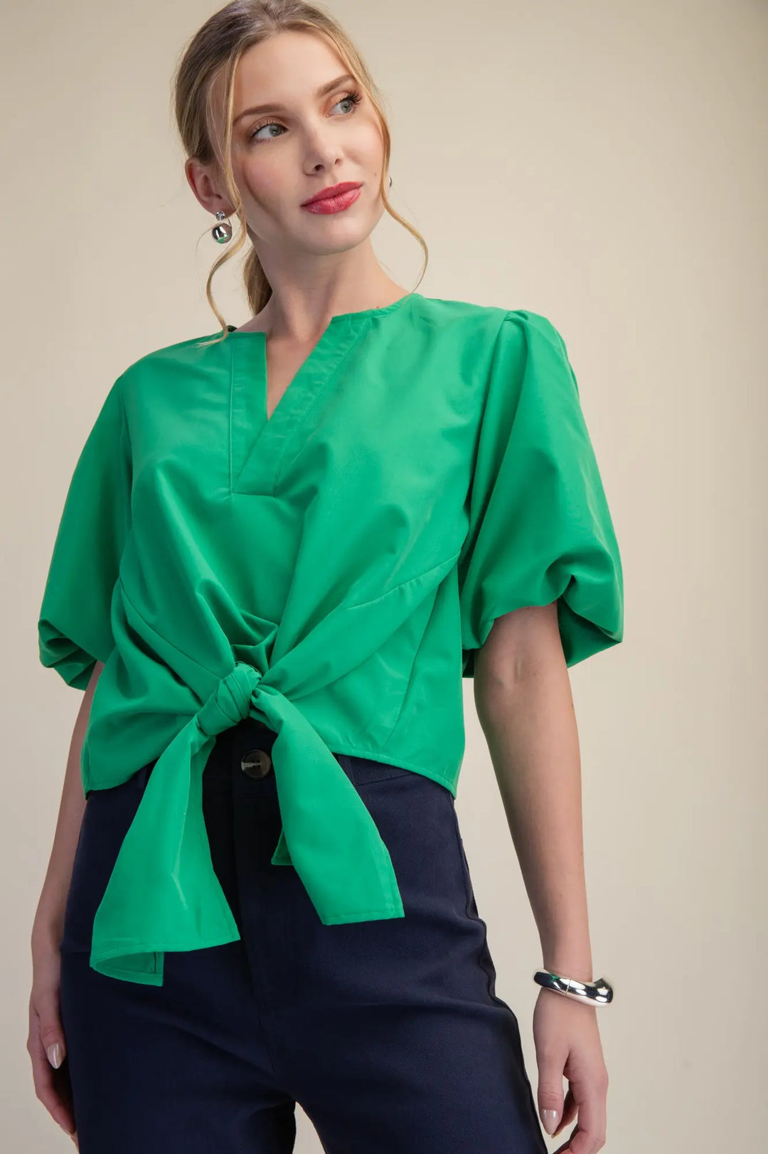 The Camille Tie-Front Puff Sleeve Blouse – Green