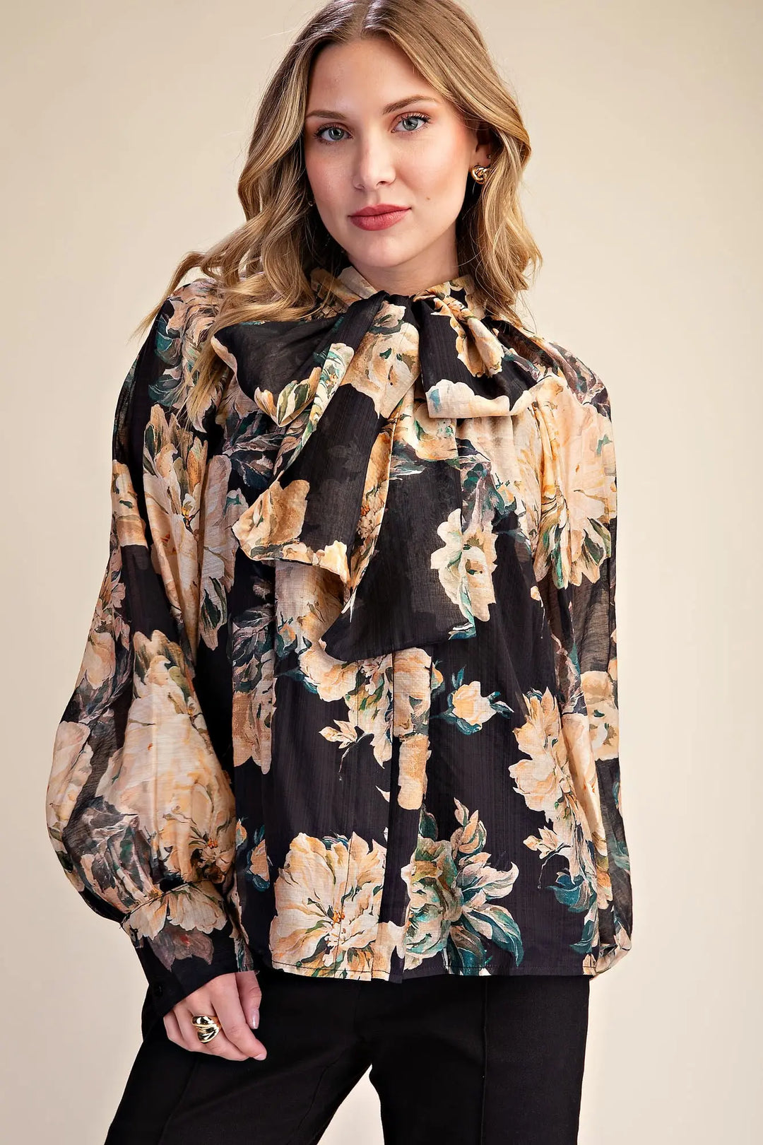 The Rosalie Floral Tie-Neck Blouse – Black