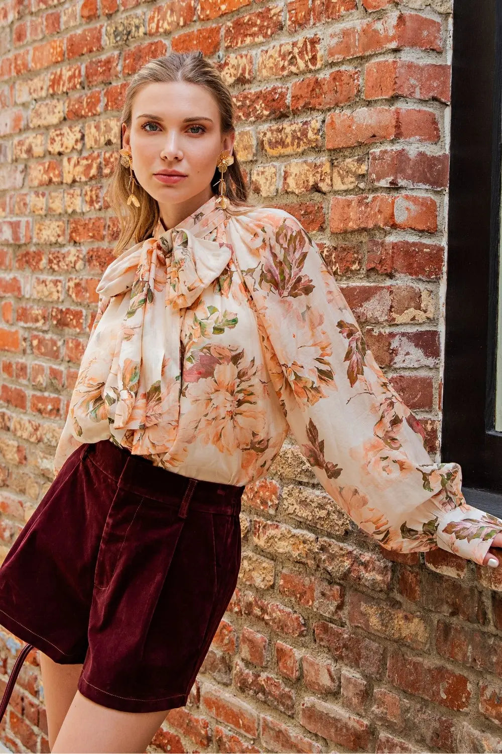 The Rosalie Floral Tie-Neck Blouse – Peach