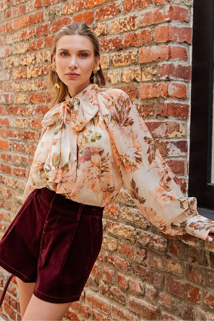 The Rosalie Floral Tie-Neck Blouse – Peach