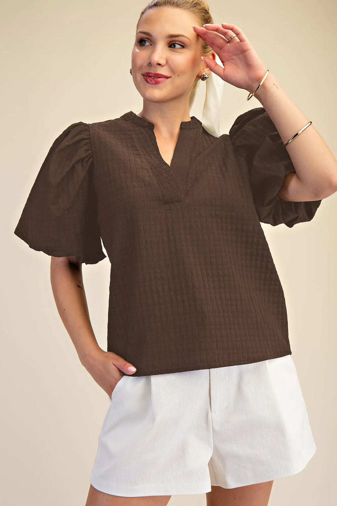 The Textured Puff Sleeve Top – Brown