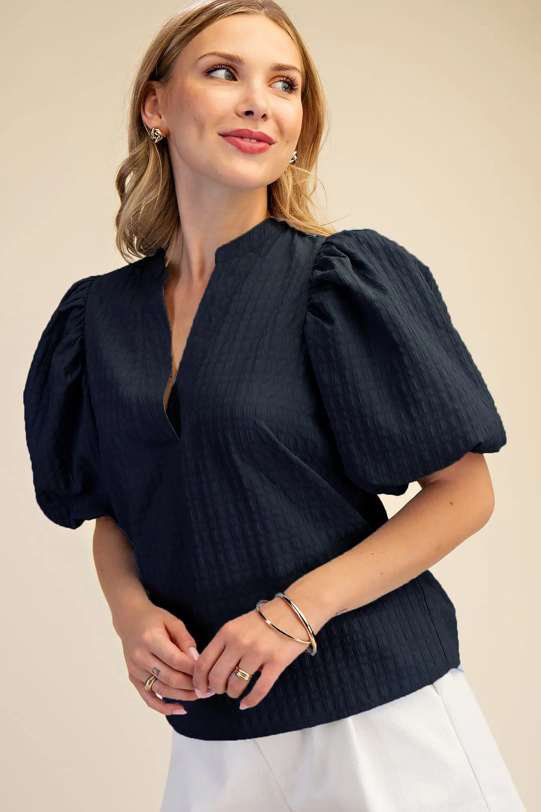 The Textured Puff Sleeve Top – Navy