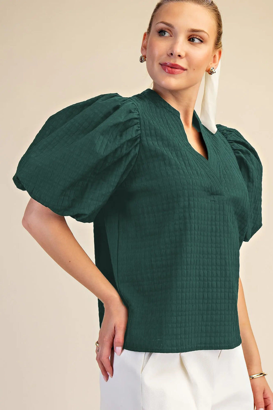 The Textured Puff Sleeve Top – Hunter Green