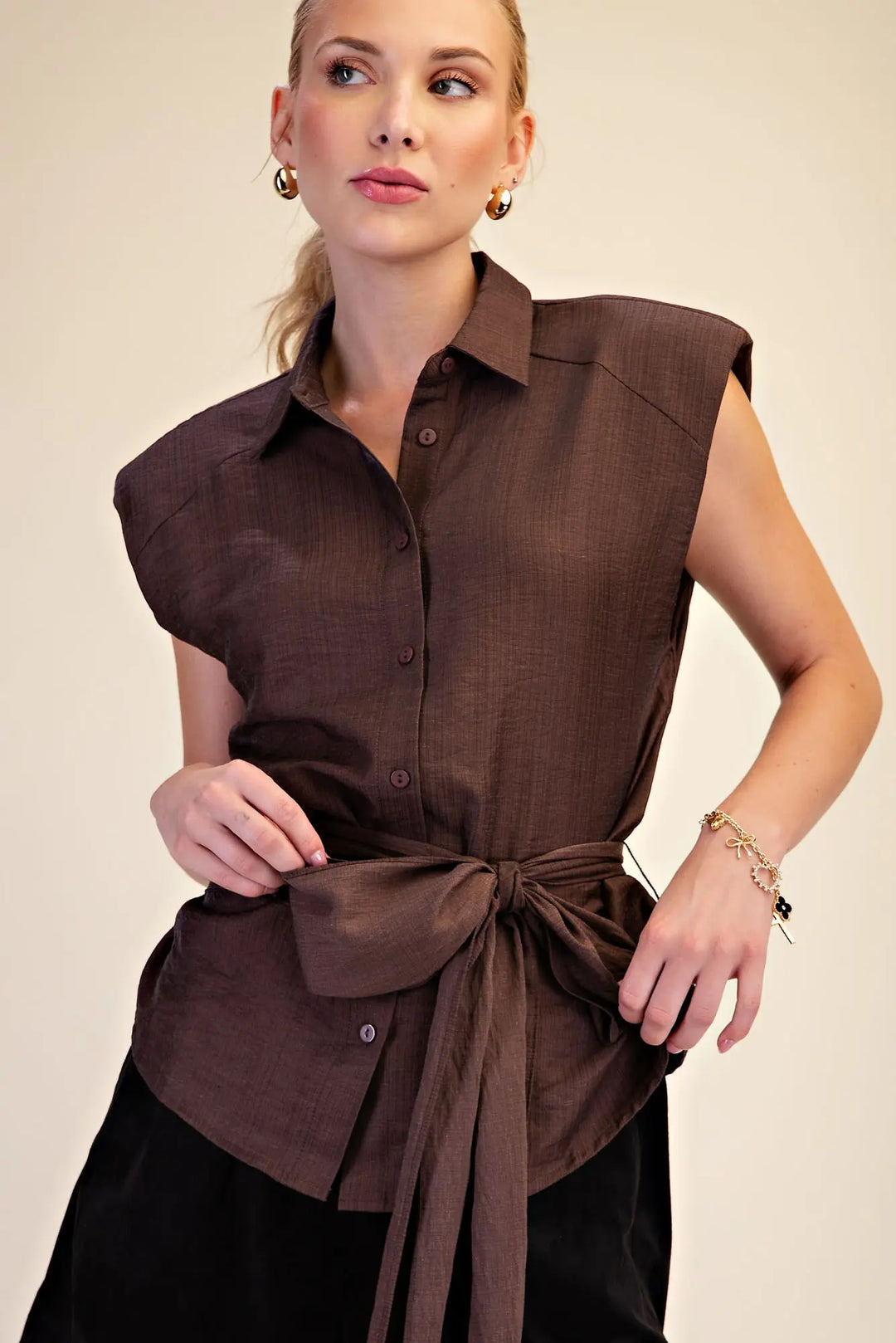 The Sutton Tie-Waist Textured Button Down Top – Brown