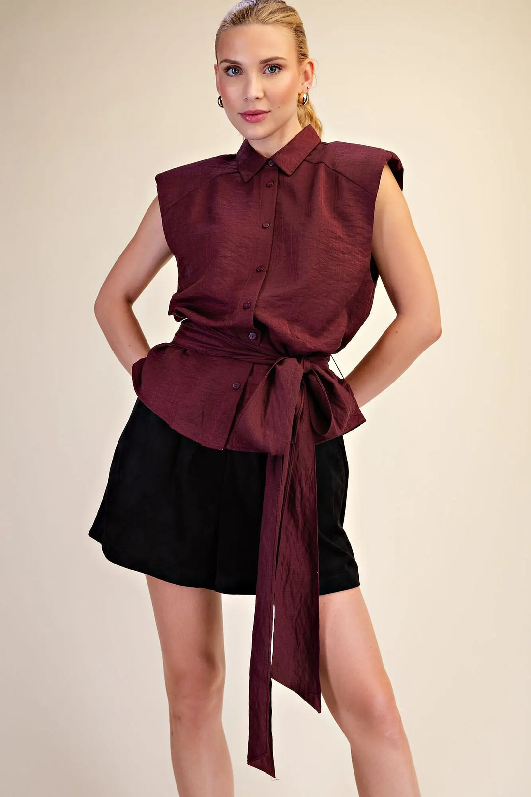 The Sutton Tie-Waist Textured Button Down Top – Burgundy