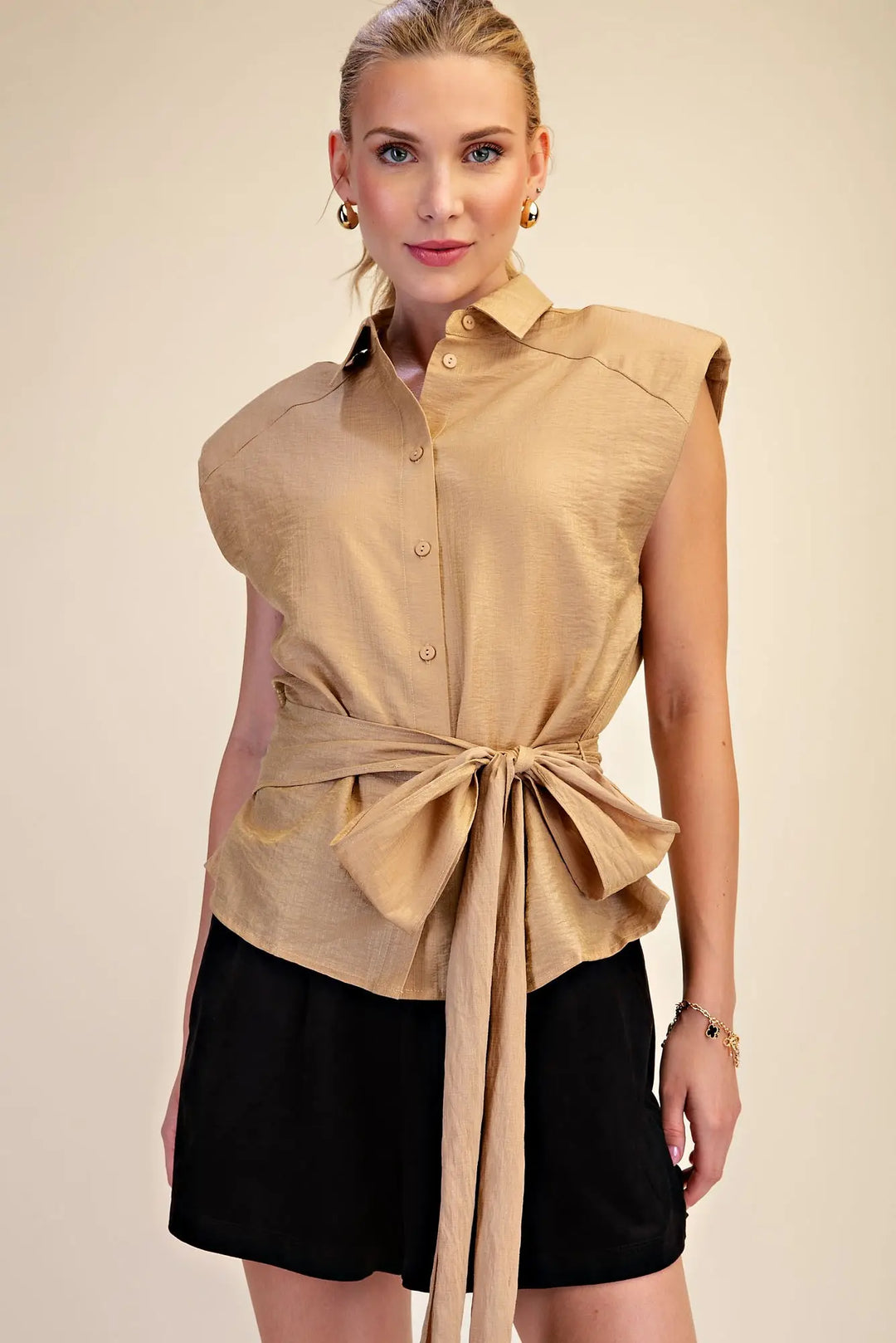 The Sutton Tie-Waist Textured Button Down Top – Taupe