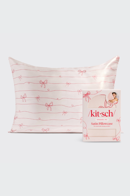 Holiday Satin Pillowcase in Striped Bows