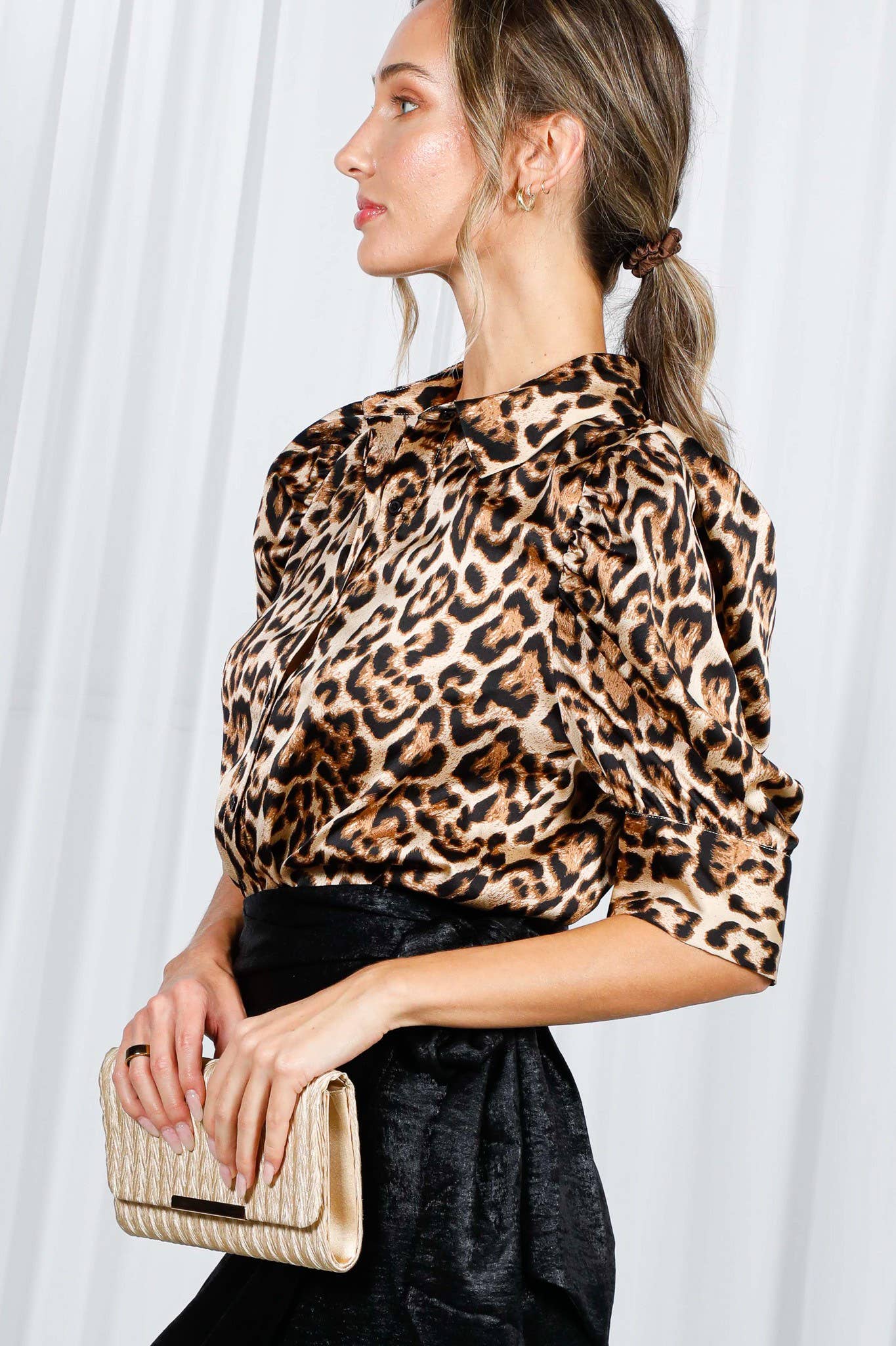 Printed Collared Puff Sleeve Satin Top