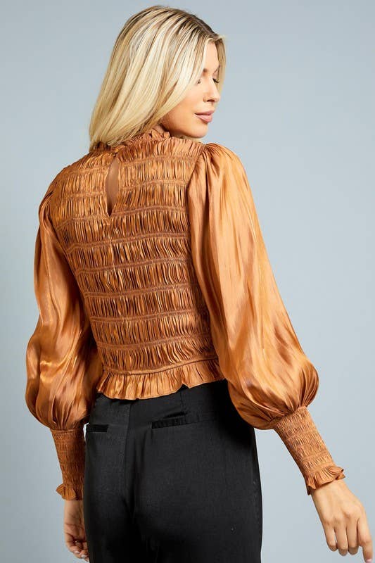 Camel Balloon Sleeve Smocked Top