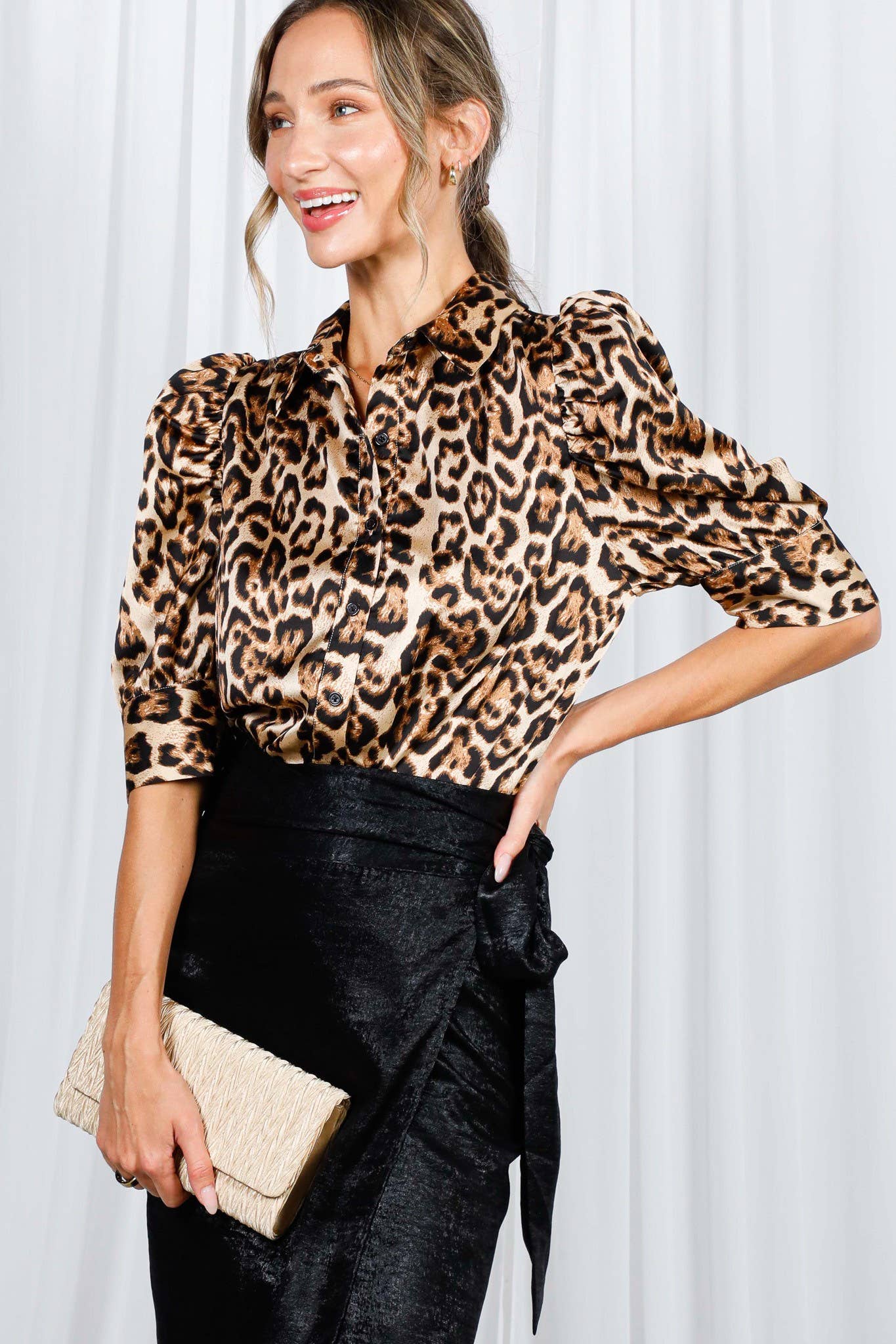 Printed Collared Puff Sleeve Satin Top