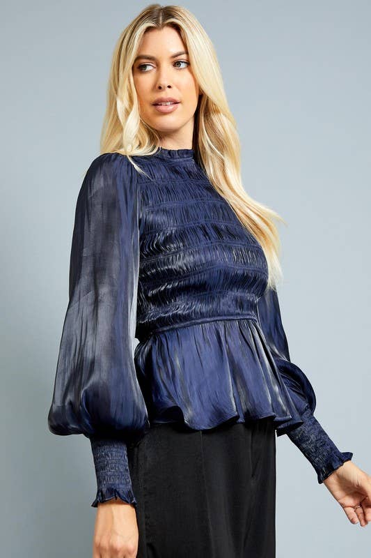 Navy Blue Smocked Peplum Top