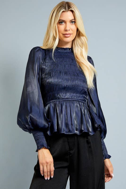 Navy Blue Smocked Peplum Top