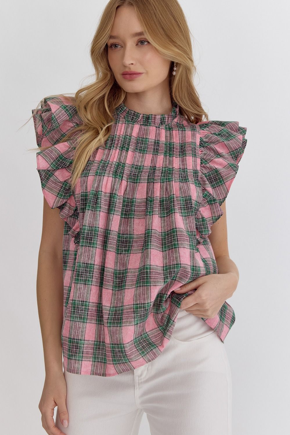 Plaid Ruffle Sleeve Top