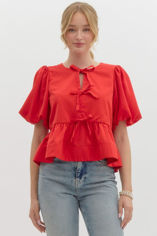 Peplum Puff Sleeve Tie Top in Red