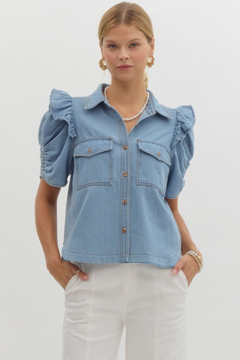 Collared Denim Puff Sleeve Top