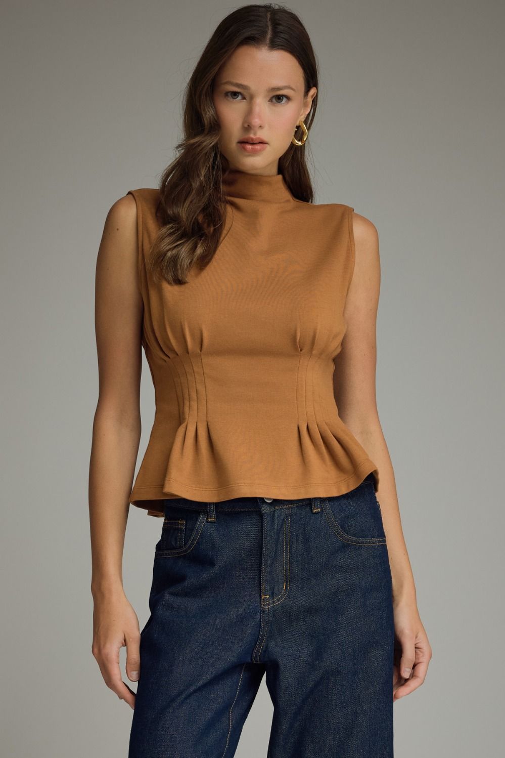 The Sculpted Mock Neck Top - Camel