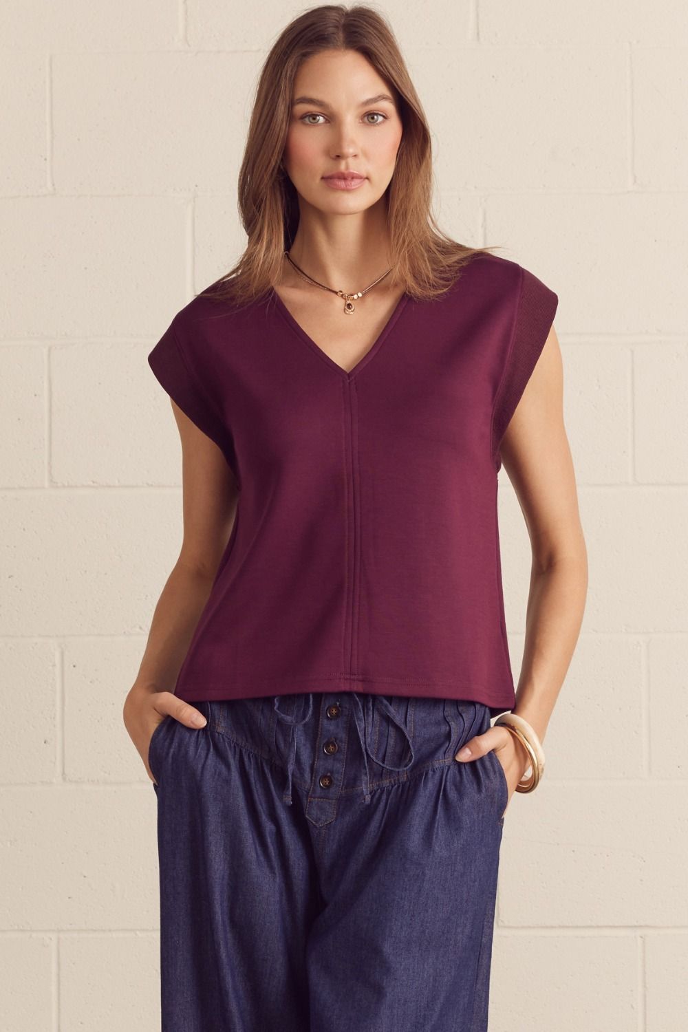 The Everyday Ease V-Neck Top - Burgundy