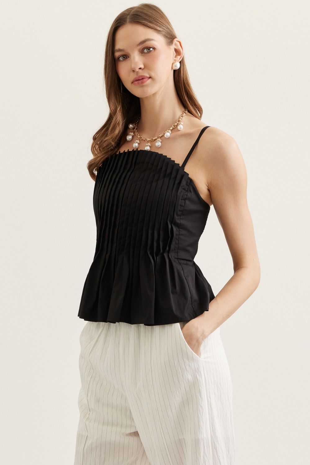The Pleated Cami Top - Black