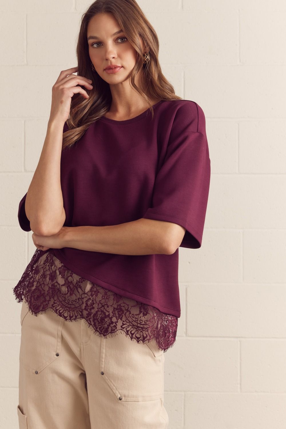 The Lace Hem Essential Top - Burgundy