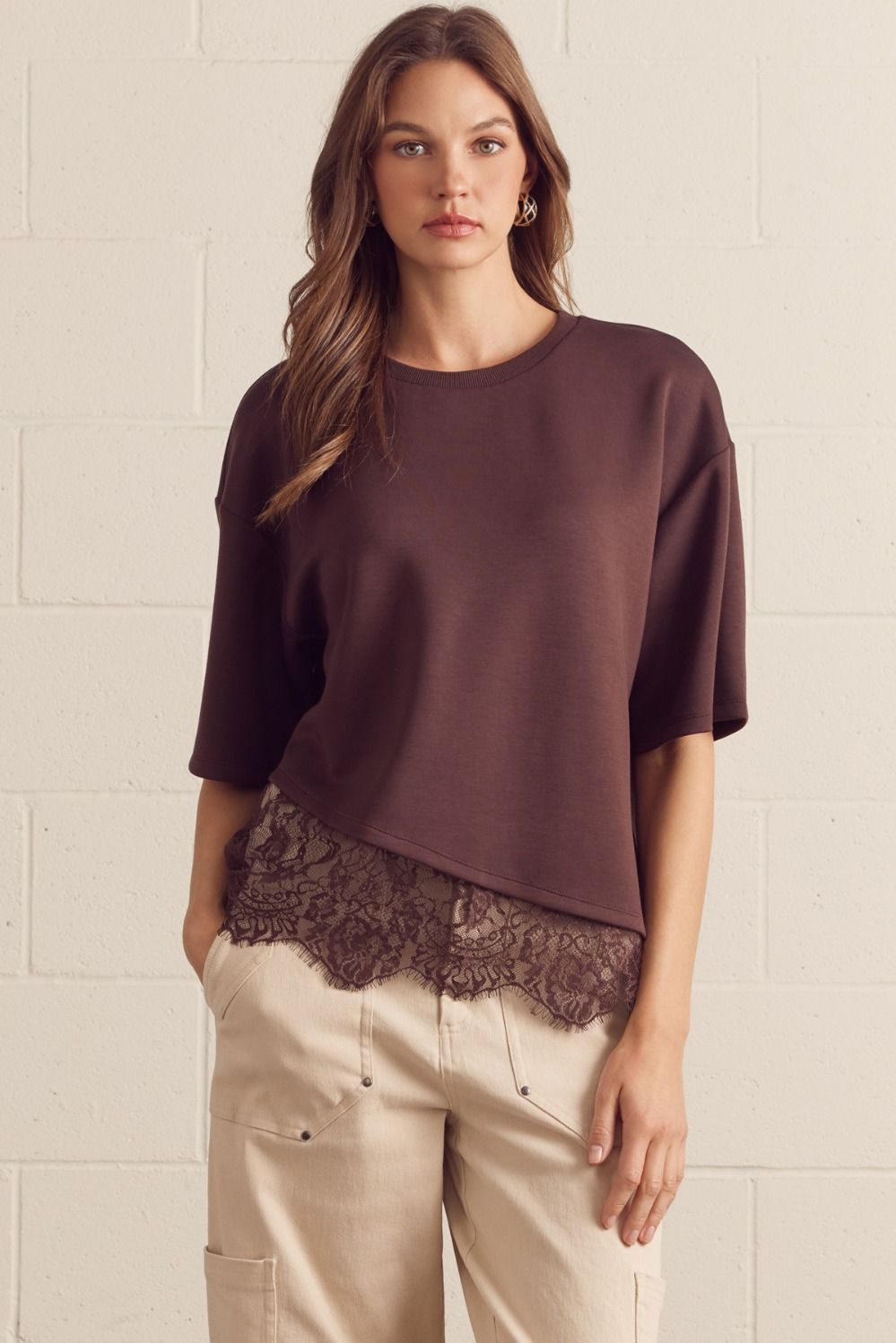 The Lace Hem Essential Top - Brown