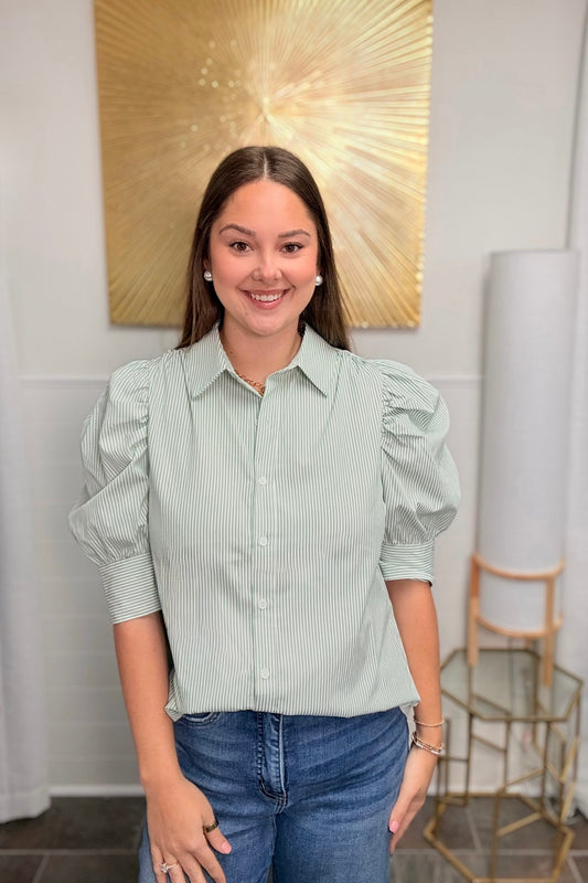 The Kelly Green Puff Sleeve Stripe Top