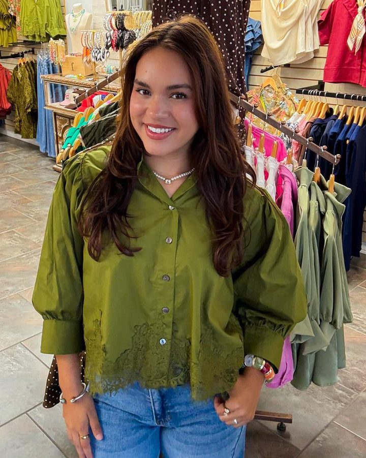 Lace-Trim Button-Down Shirt, Martini Olive