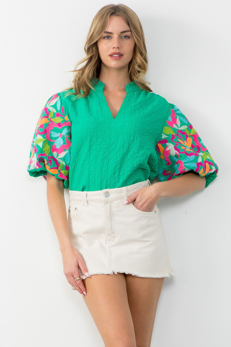 THML Kelly Green Textured Embroidered Top