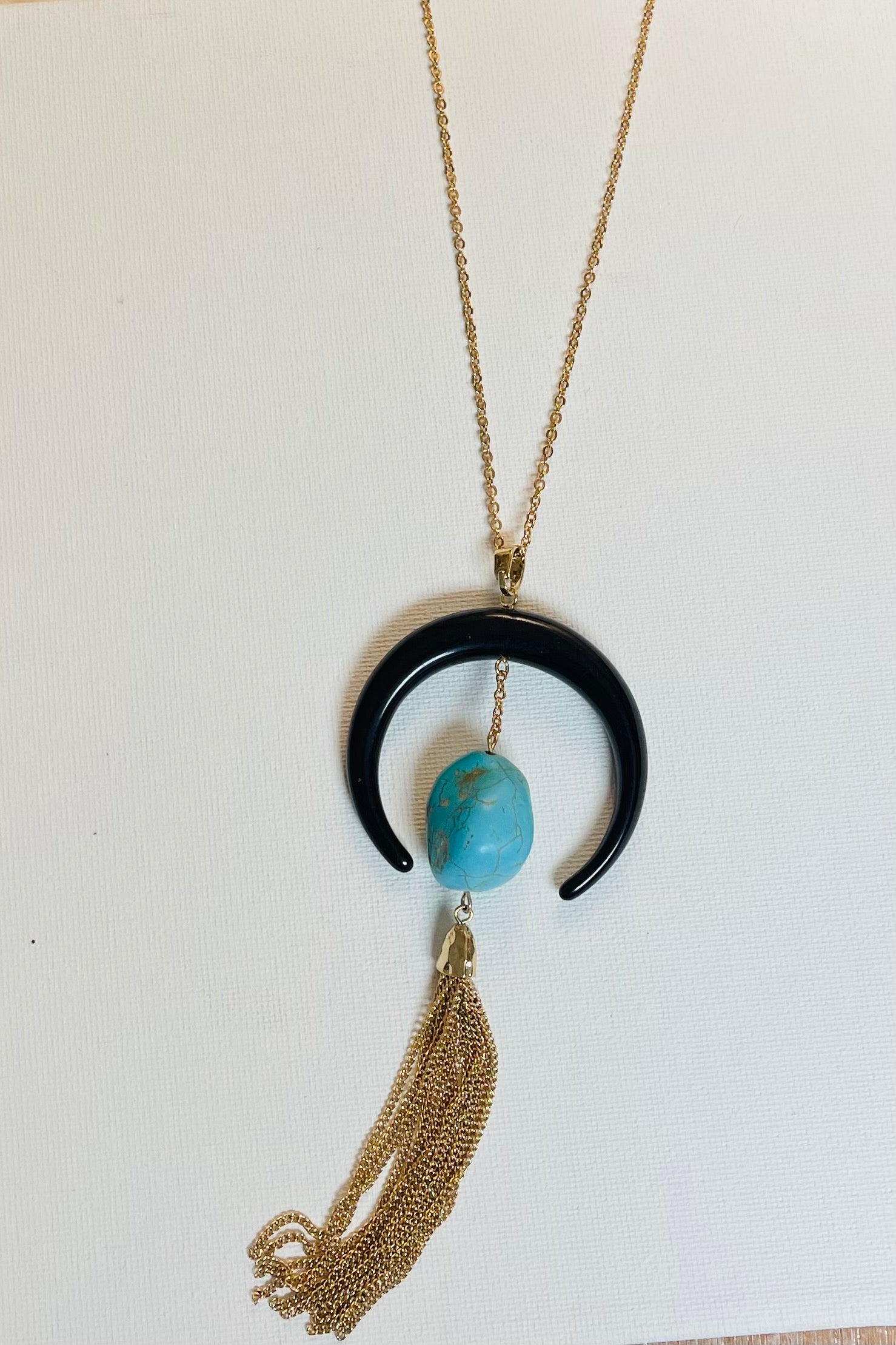 Gold Long Chain Necklace with Turquoise/BLack