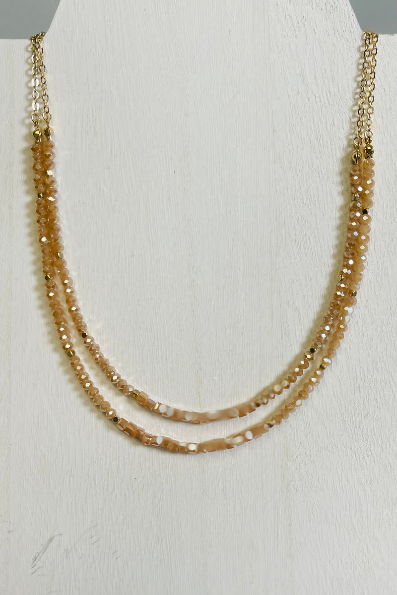 Light Tan Crystal Double Layered Necklace 16-18"