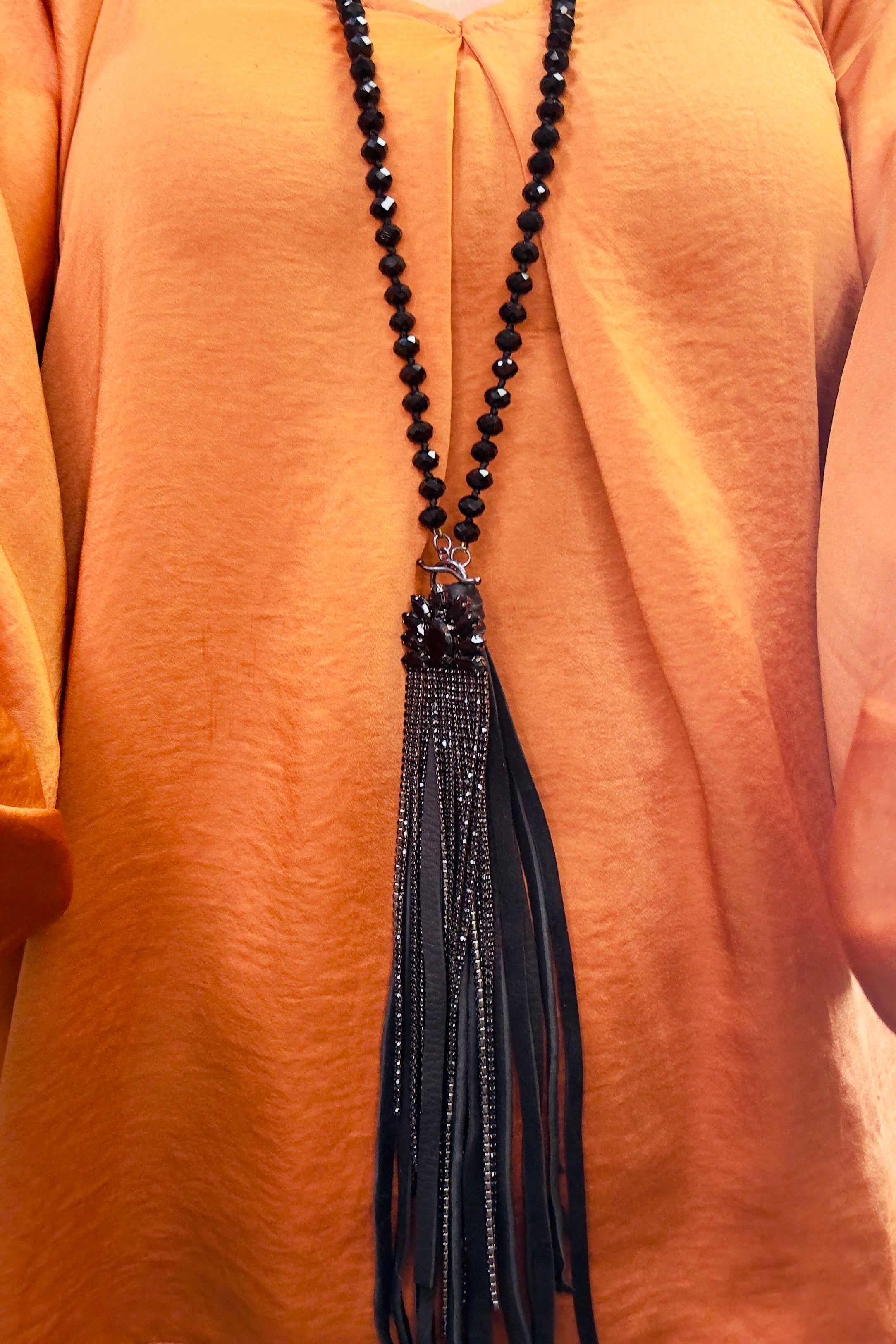 Black Crystal Necklace with Leather Tassel