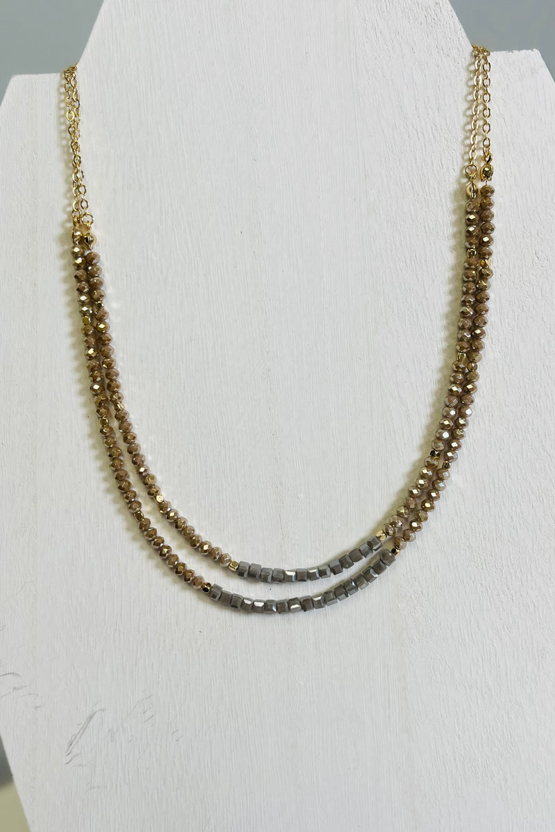 Smoky Tan Crystal Double Layered Necklace 16-18"
